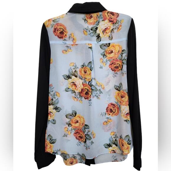Forever 21 Sheer Black Blue Floral Button Down Shirt, Size Small - Picture 2 of 6